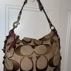 Coach Brown with burgundy  Signature Shoulder Bag